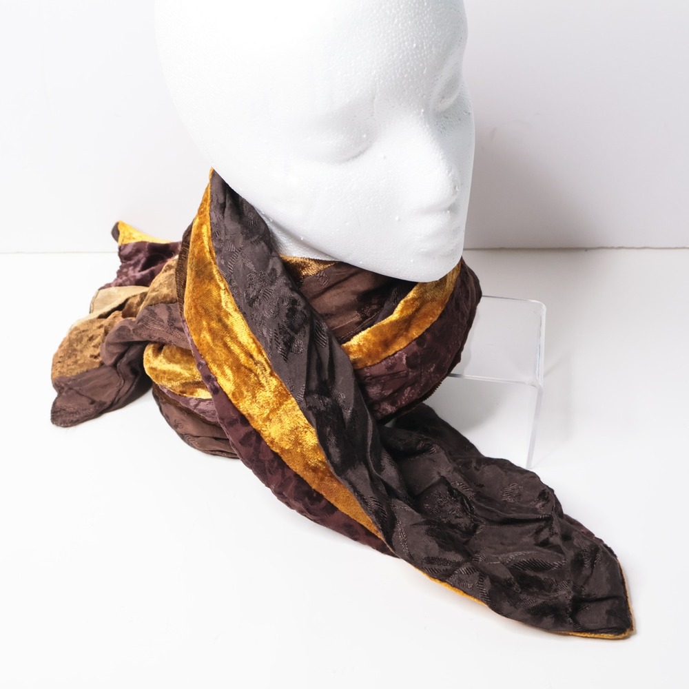 VTG Artsy Mixed Texture Velvet Burnout Scarf Brown Gold Earth Tones Striped SEE - Picture 2 of 9